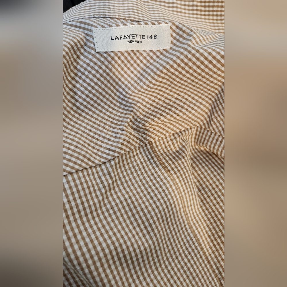 Women's Lafayette 148 Brown/Tan Striped Button Down Shirt, size M - Picture 2 of 10